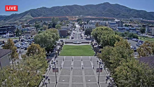 Town Square and the hills beyond Old Town Temecula, captured from the city webcam on October 27, 2026 at 3:03 p.m. PDT
